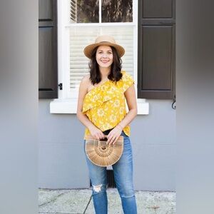 MADEWELL Yellow Floral Print 100% Silk One Shoulder Top